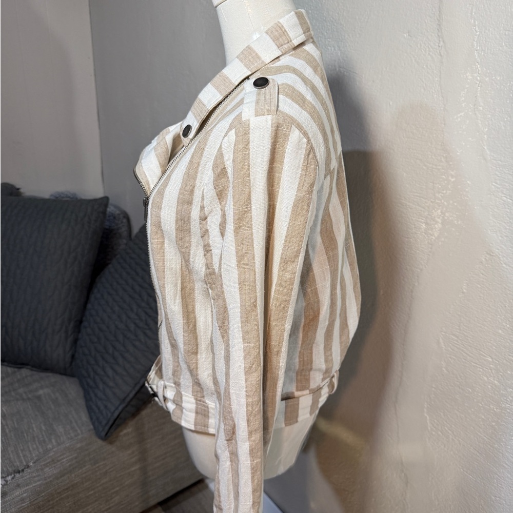 Lulus Striped Moto Jacket Cream Tan Asymmetrical Zip Lightweight Size L - Picture 6 of 12